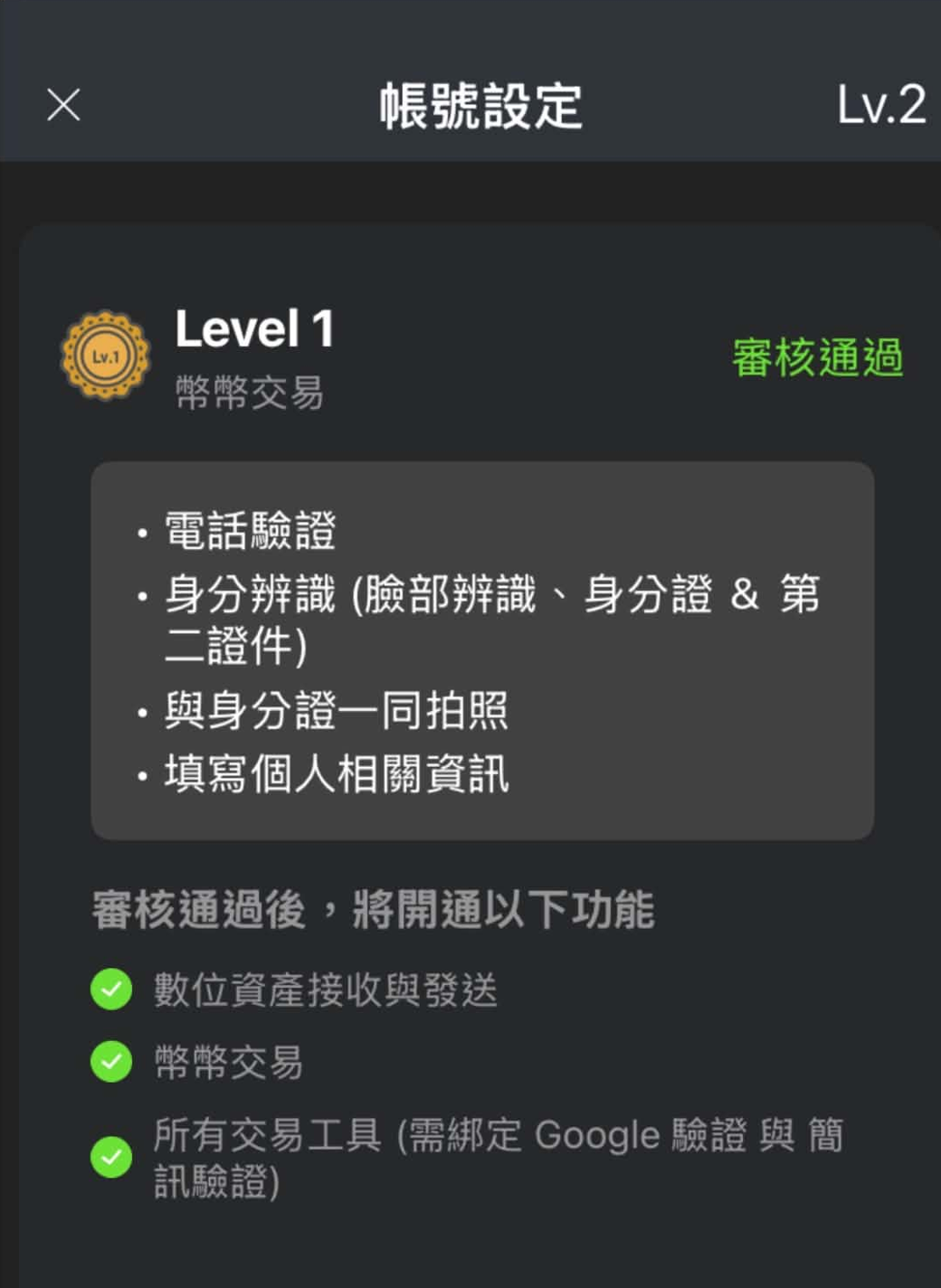 圖 2　MAX Lv.1 審核通過畫面與開通功能。